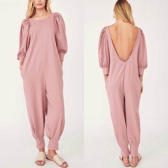 NWT FP Beach Jackie One Piece Jumpsuit M Smoked Roses Jumper Puff Sleeve - Picture 2 of 14